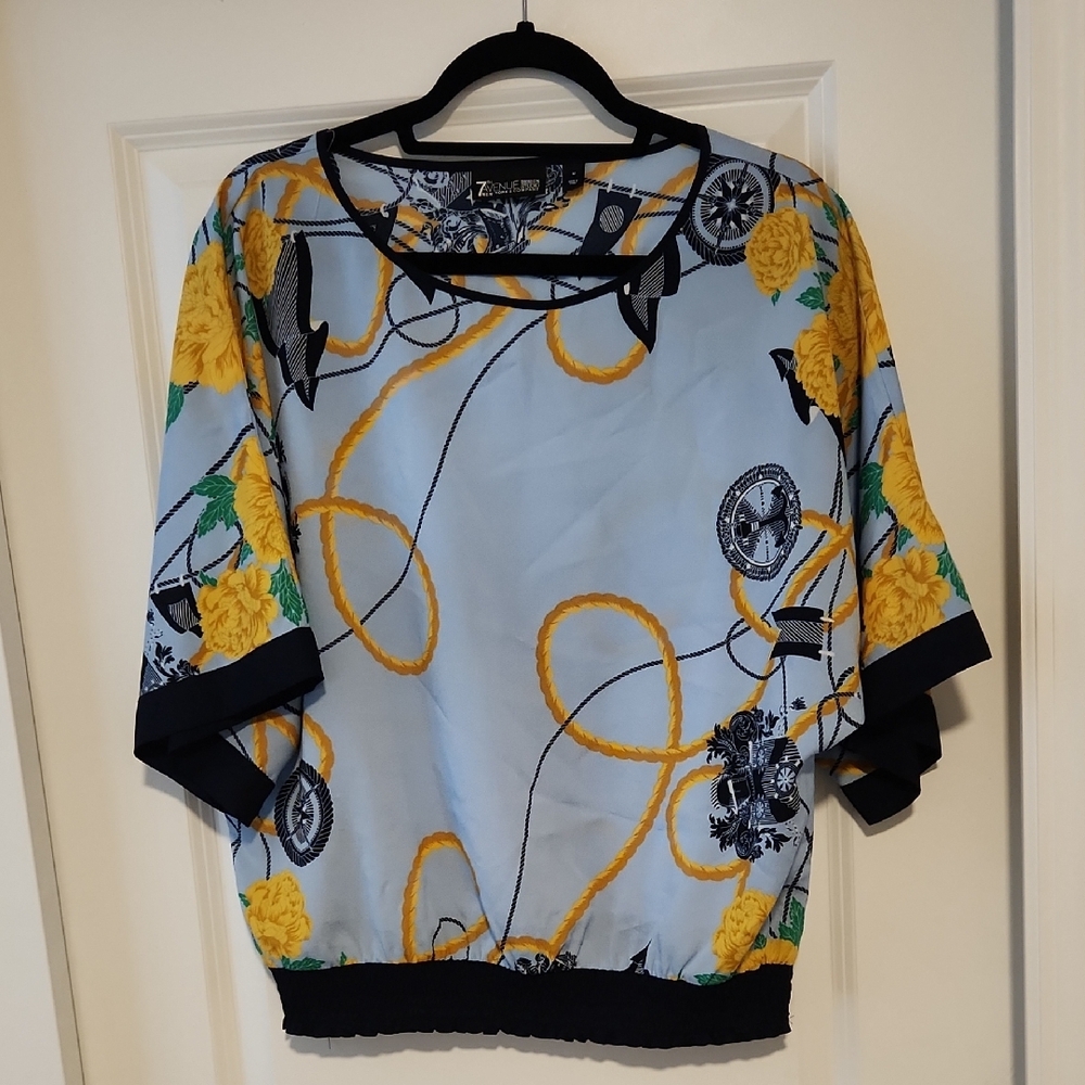 New York & Company Gold and Blue Boxy Blouse